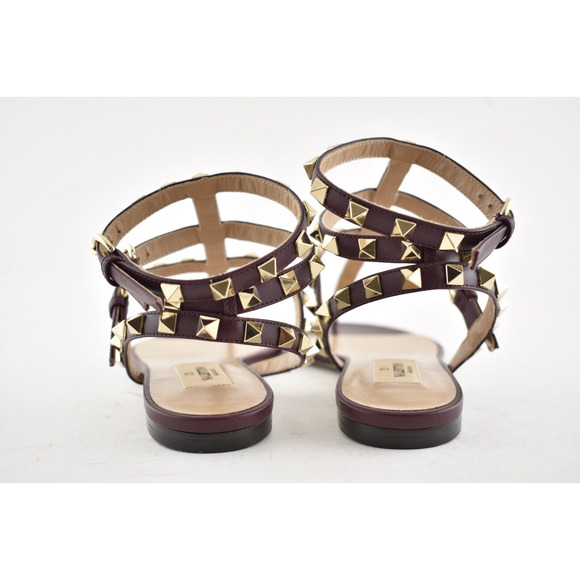 Valentino Rockstud Red Burgundy Leather Triple Strap Gladiator Flat Sandal 35 - Picture 11 of 12